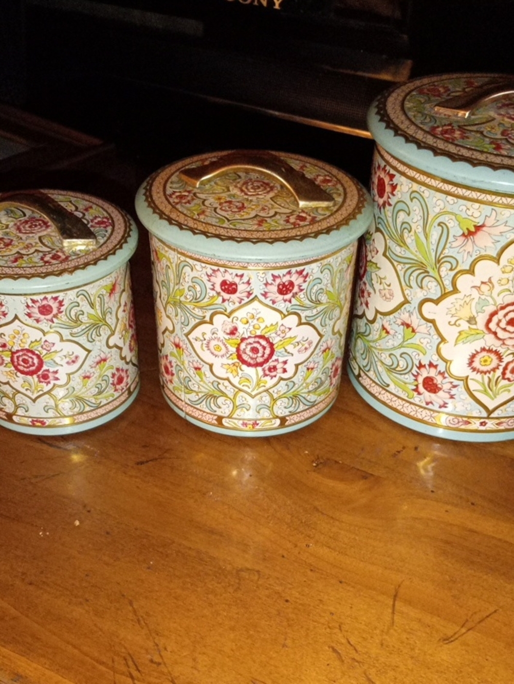 Vintage Daher Holland Embossed Tin Canister Set - Light Blue Floral Chintz (3pc)